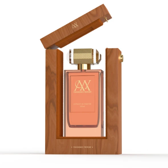 Caja de madera para envasar frascos de perfume.